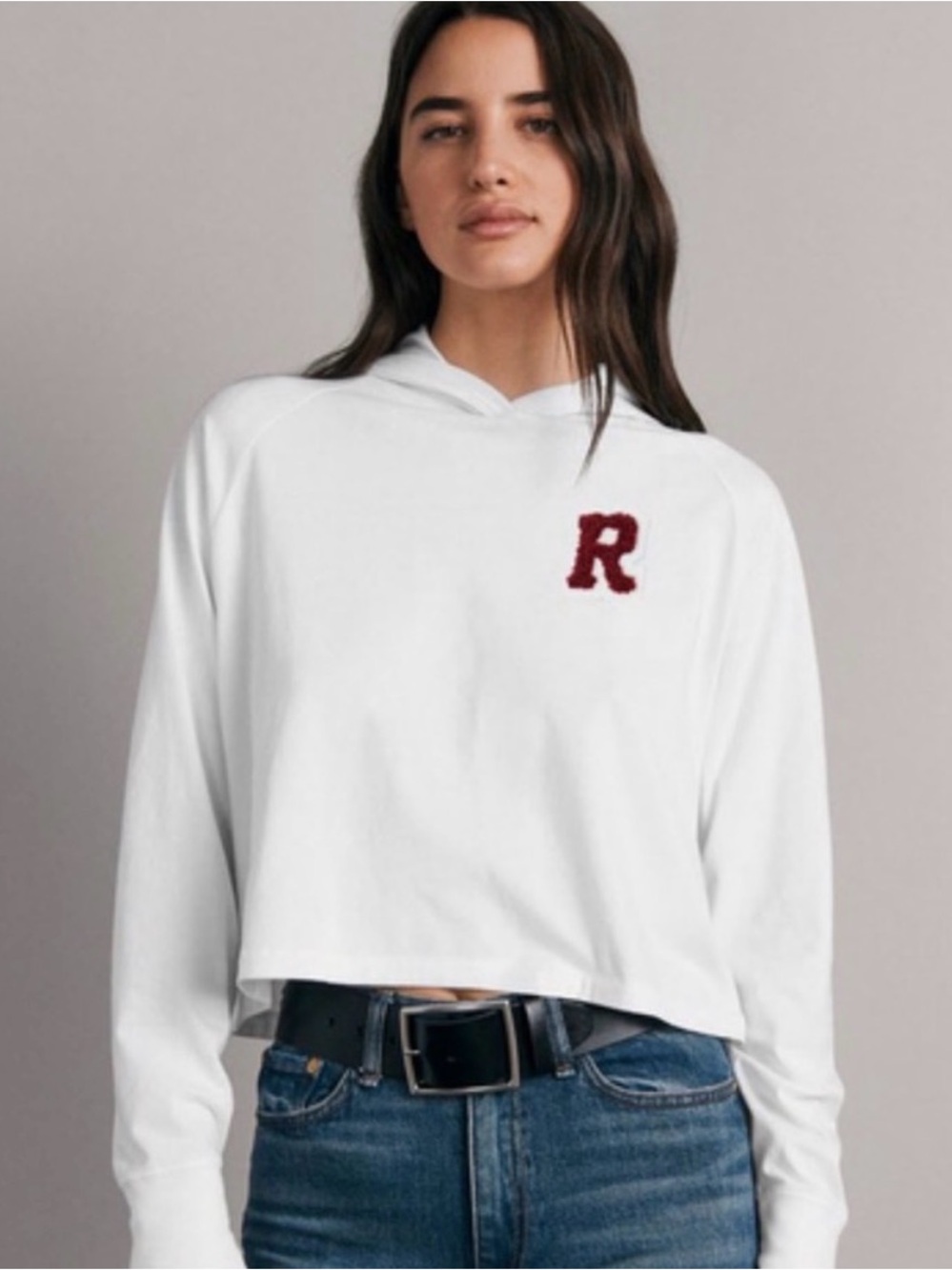 rag & bone Varsity White Hooded Crop Sweatshirt with Burgundy 'R' Patch S EUC